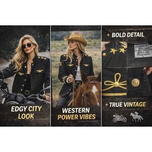 Vintage Lizwear Military Denim Jacket Black Gold Star Eagle Embroidered Womens